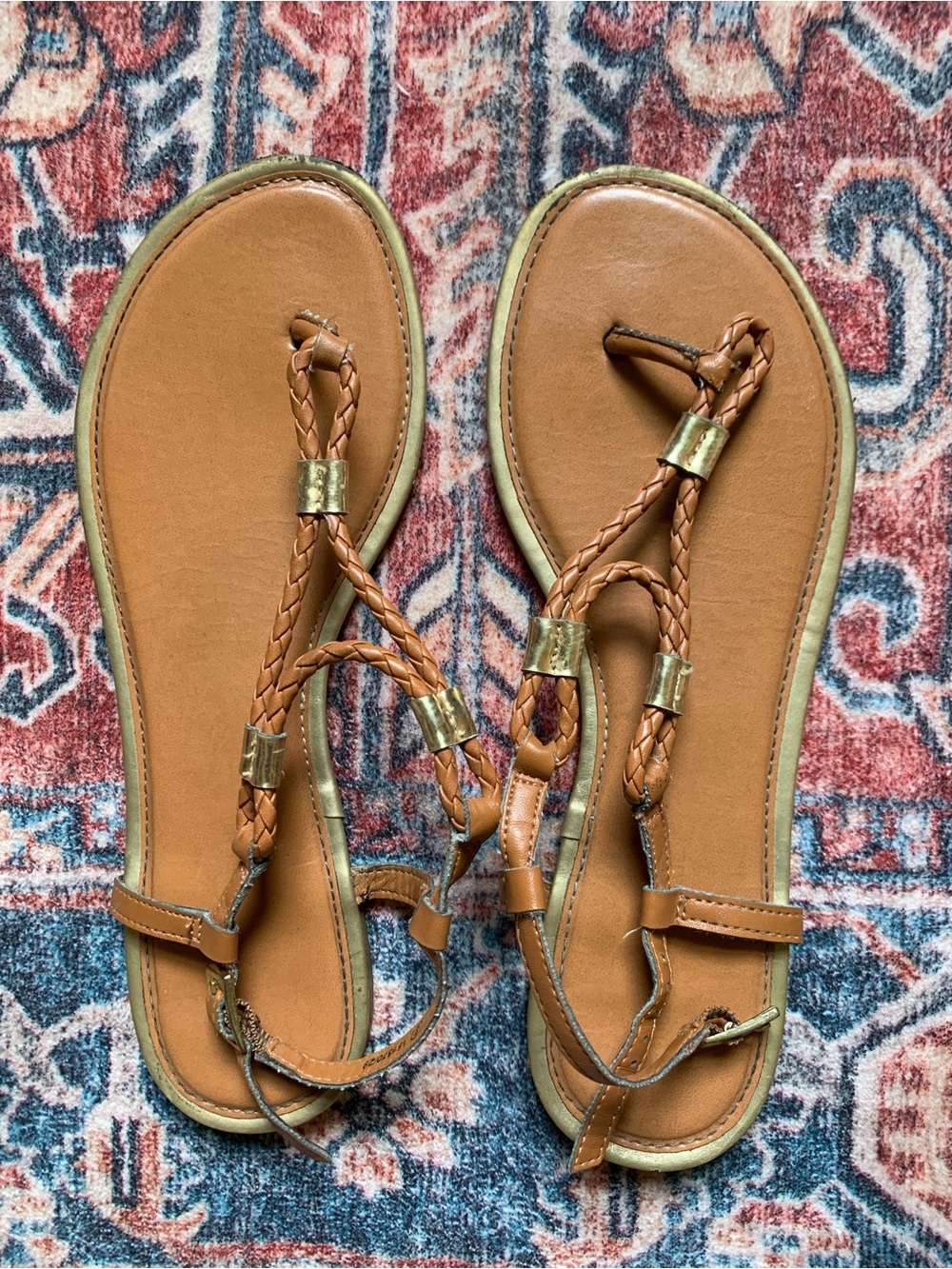 Women's Braided T-Strap Sandals in Tan